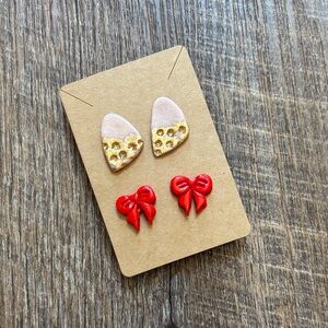 Gold & Red Earring Stud Set - Handcrafted Polymer Clay - women’s jewelry